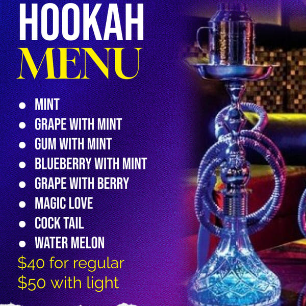 Hookah menu with various flavors and prices, next to a blue glass hookah with a metal top.