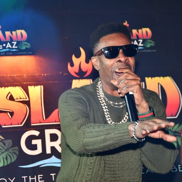 A man in sunglasses and a green sweater sings into a microphone at Island Grill AZ.